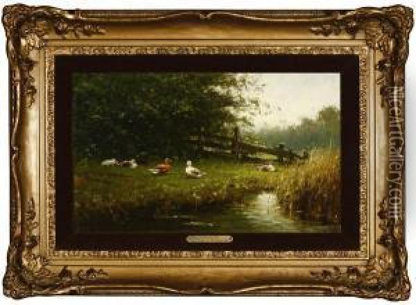 Ducks By The Pond Oil Painting - Adrianus Koekkoek Marianus