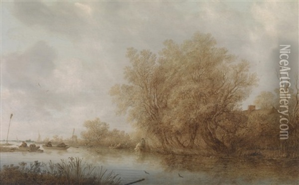 Eine Weite Flusslandschaft Mit Einer Entenjagd Oil Painting - Salomon van Ruysdael