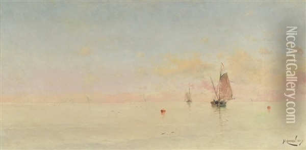 Mar Sereno. Barcas A Vela Oil Painting - Eliseo Meifren y Roig