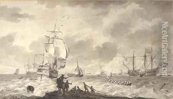 Shipping in choppy sea, a horseman and attendants on a spit in the foreground, a harbour, possibly Dover, beyond Oil Painting - English School