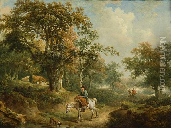 A Wooded Landscape With A Man Onhorseback Oil Painting - Charles Towne