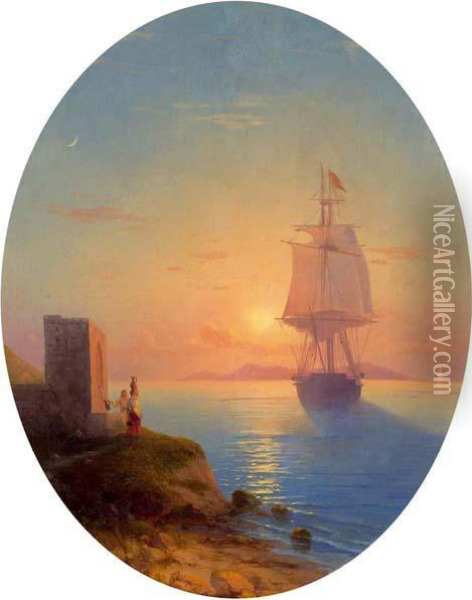 Large Sailing Ship Before The Coast At Sunset Oil Painting - Ivan Konstantinovich Aivazovsky