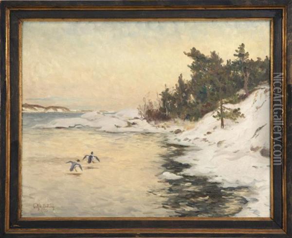 Vinterlandskap Med Grasandspar, Signerad Och Daterad Rolf Mellstrom 1933 Oil Painting - Rolf Mellstrom