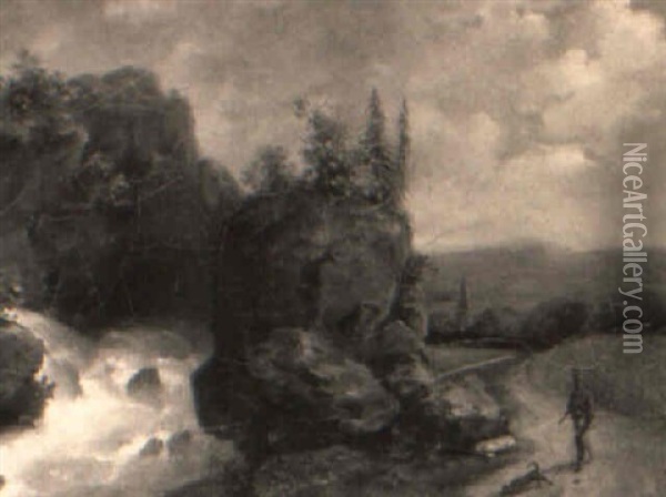 Vandringsmand Ved Elv I Bjergene Oil Painting - Alexandre Calame