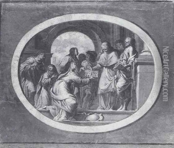 Religieuse Faisant Benir La Maquette D'une Eglise Par Le Cardinal Chigi (futur Alexandre Vii) Oil Painting - Domenico Manetti