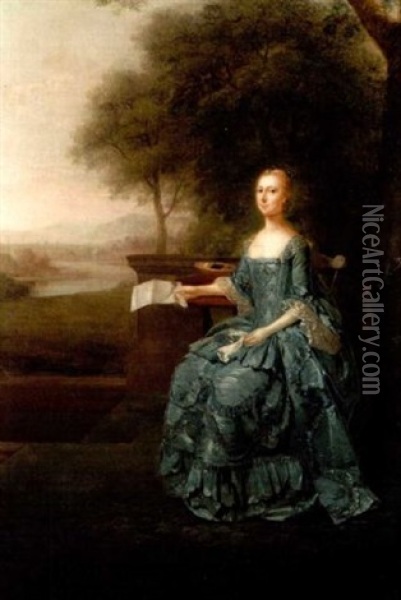 Portrait Of Anne Streatfeild, Nee Sidney, Natural Daughter Of The 7th Earl Of Leicester And Wife Of Henry Streatfeild, In A Blue Silk Dress With White Lace Sleeves, On A Terrace, Holding A Letter Oil Painting - Arthur Devis