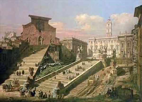 The Piazza del Campidoglio and the Church of S. Mario d'Aracoeli, Rome Oil Painting - B. & Bellotto, L. Bellotto