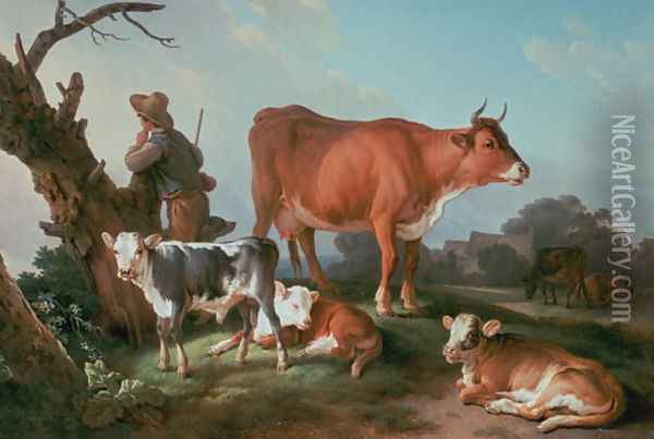 Pastoral scene with a cowherd Oil Painting - Jean-Baptiste Huet