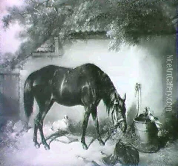 A Dark Bay Horse, A Dog And Two Doves In A Yard Oil Painting - George Armfield