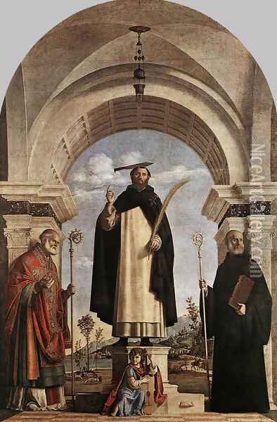 St Peter Martyr with St Nicholas of Bari, St Benedict and an Angel Musician 1504 Oil Painting - Giovanni Battista Cima da Conegliano