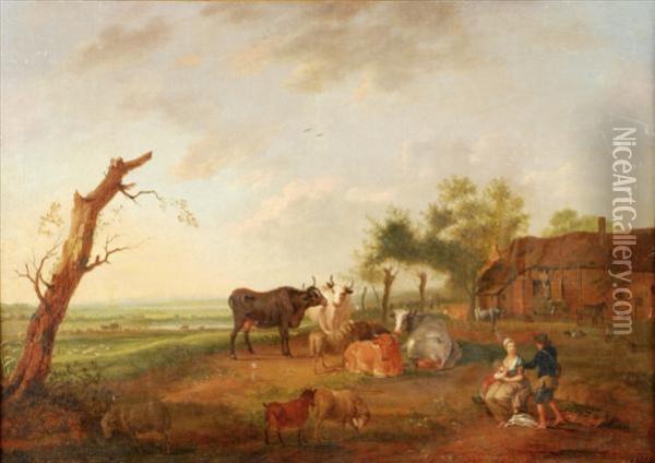 Figures And Cattle By A Farmstead Oil Painting - Charles Antoine Clevenbergh