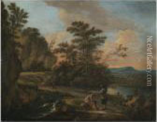 A River Landscape With A Traveller And A Beggar In The Foreground Oil Painting - Willem Van Bemmel