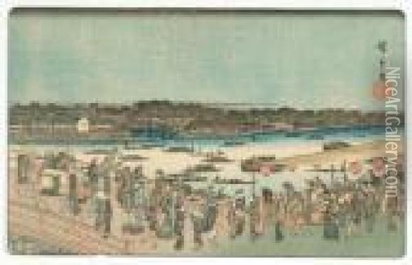Fireworks At Ryogaku Bridge Oil Painting - Utagawa or Ando Hiroshige
