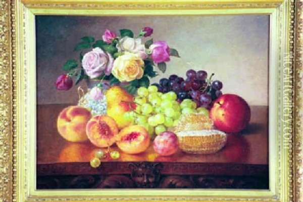 Still Life With Fruit, Flowers And Honeycomb Oil Painting - Robert Spear Dunning