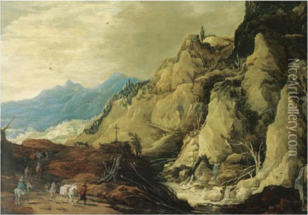 A Mountainous Landscape With Travellers On A Path By A Rockywaterfall Oil Painting - Joos De Momper
