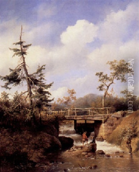 A Hilly Landscape With Two Figures On A Rock By A Bridge Oil Painting - Hendrik van de Sande Bakhuyzen