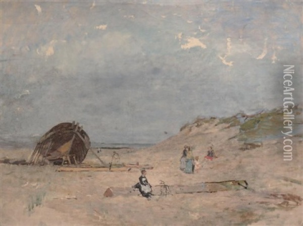 Bateau En Carene, Plage Et Les Dunes Oil Painting - Edmond Marie Petitjean