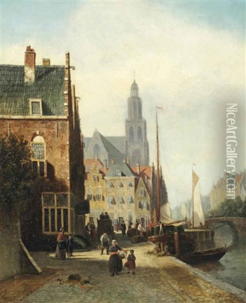 Daily Activities On A Quay In A Dutch Town Oil Painting - Johannes Frederik Hulk the Elder