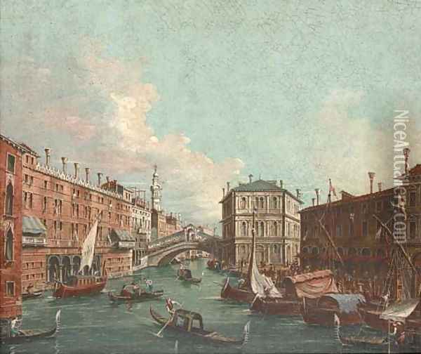 Vessels before the Rialto Bridge, Venice Oil Painting - (Giovanni Antonio Canal) Canaletto