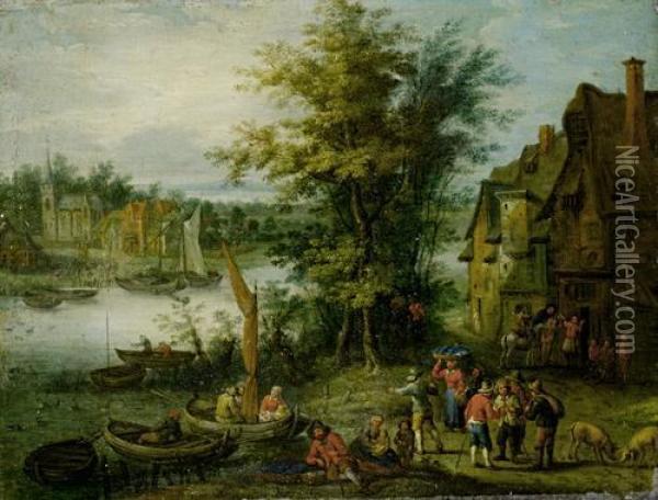 Peasants Crossing A River On Barges, Before Anopen Landscape Oil Painting - Karel Beschey