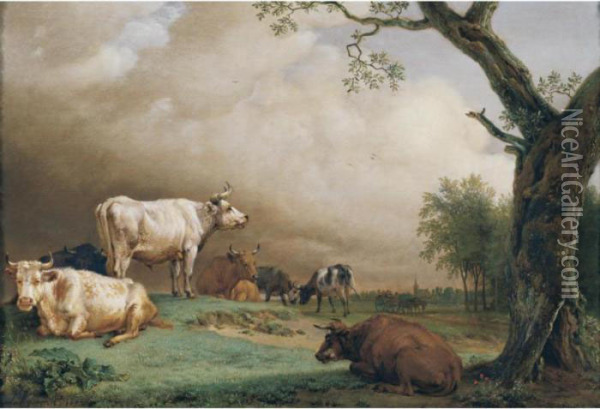 Cattle In A Field, With 
Travellers In A Wagon On A Track Beyond And A Church Tower In The 
Distance, A Rain Storm Approaching Oil Painting - Paulus Potter