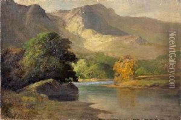A River Bend And A Range Of Hills In The Background Oil Painting - Frank Thomas,francis Carter