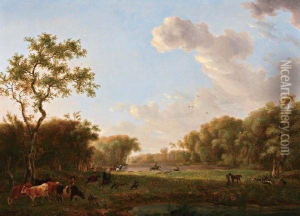 Jachtpartij In Boomrijk Landschap Oil Painting - Johannes Tavenraat