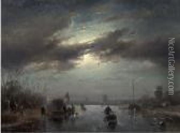 A Moonlit Landscape In Winter With Skaters By A Koek-en-zopie Oil Painting - Charles Henri Leickert