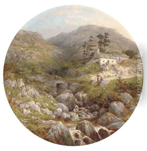 Figures and cottages beside a rocky upland stream Oil Painting - English School
