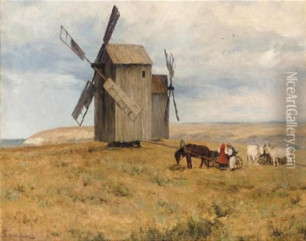 Windmill On The Plain Oil Painting - Sergei Ivanovich Svetoslavsky