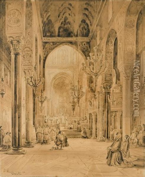 Palermo, Interno Del Duomo Di Monreale Oil Painting - Achille Vianelli