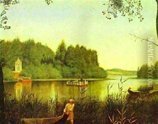 View Of A Moldino Lake In The Estate Of Ostrovky 1840s-1850s Oil Painting - Grigori Vasilievich Soroka