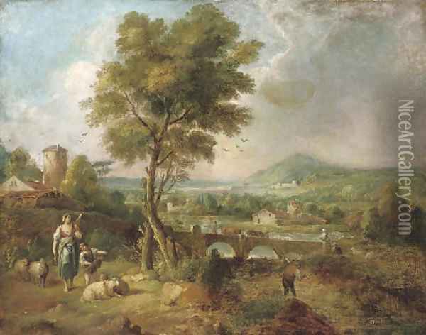 Figures in an Italianate landscape Oil Painting - Claude Lorrain