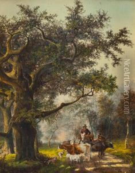 Bauern Mit Vieh Auf Waldweg Oil Painting - Van'T Adrianus Johannes Hoff
