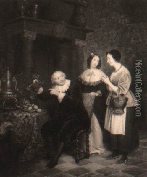 Two Women And A Man In An Interior Oil Painting - Jean Henri de Coene