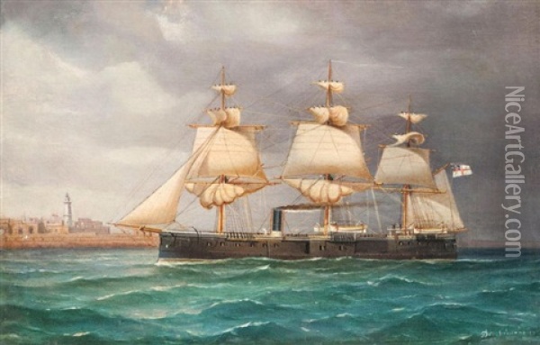 The Sail And Steamship Hms Pallas Coming Into Port Oil Painting - Tommaso de Simone