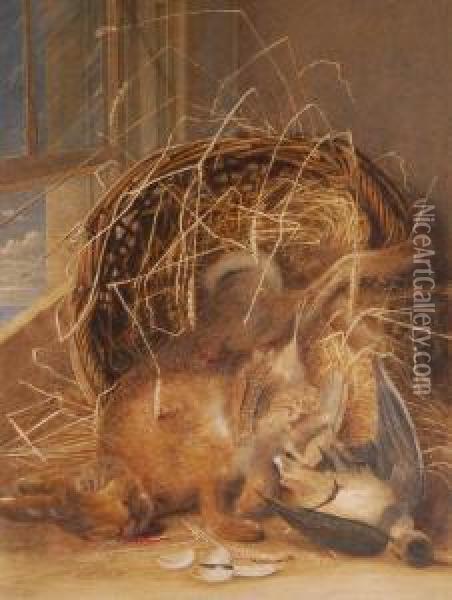 Still Life Study- Dead Hare And Bird In A Wicker Basket Oil Painting - George Sidney Shepherd