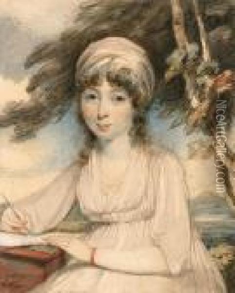 Portrait Of A Young Lady, 
Three-quarter-length In A White Turban,wearing A White Dress Holding A 
Pen In Her Right Hand, Seated In Awooded Landscape Oil Painting - George Chinnery