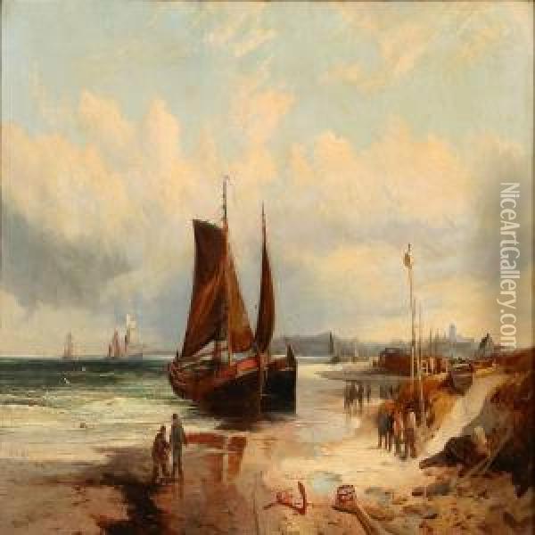 Coastal Scene With Ships And Fishermen On The Beach Oil Painting - Percy Mailland