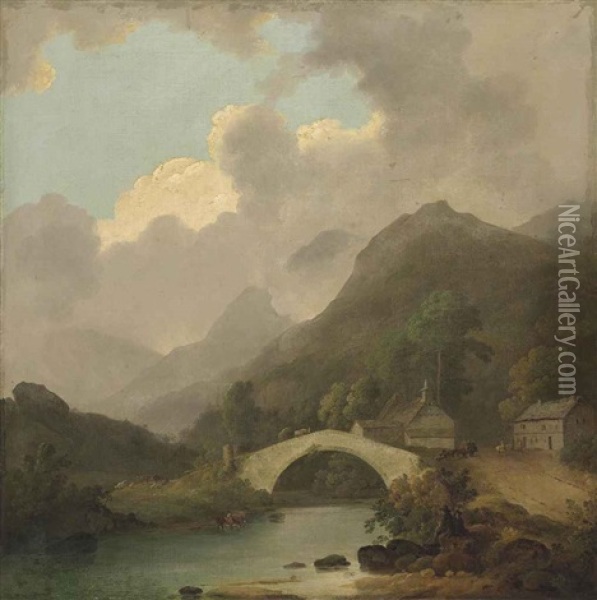 A View Of Pelter Bridge, Rydal, Cumbria Oil Painting - Julius Caesar Ibbetson