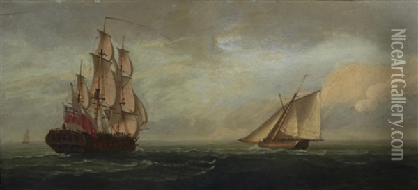 The British Frigate, H.m.s. Flora With A Schooner Crossing Oil Painting - Francis Swaine