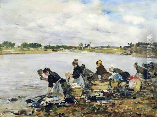 Laundresses on the Banks of the Touques Oil Painting - Eugene Boudin
