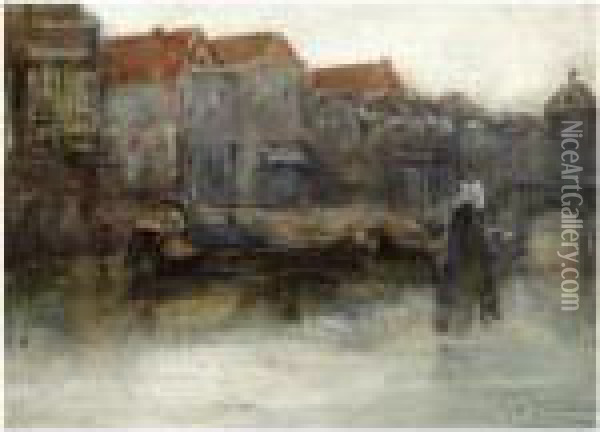A View Of The Wijnhaven With The Groothoofdspoort In The Distance, Dordrecht Oil Painting - George Hendrik Breitner