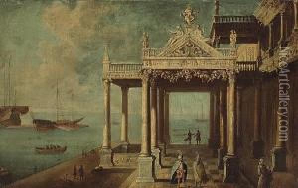A Capriccio View With Figures Conversing Under The Portico Of A Palace Oil Painting - Jacobus Saeys