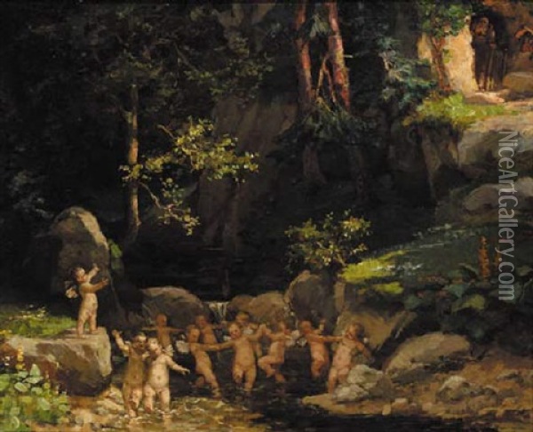 Putti Frolicking In A Woodland Pool Oil Painting - Otto Maria Porsche