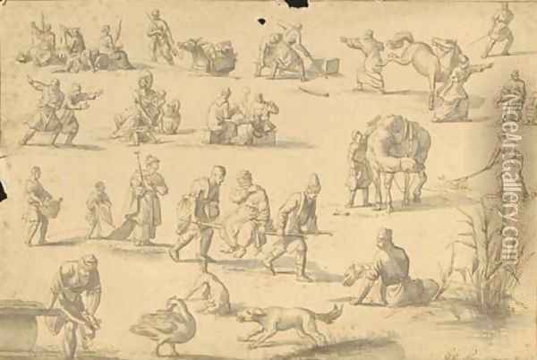 Studies of orientals spinning wool, smoking, horse coping, fishing, washing and in other postures Oil Painting - Jan Van Ravenswaay