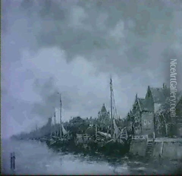 Bewolkter Himmel Uber Einer Hafenstadt Oil Painting - Hermanus Koekkoek the Younger
