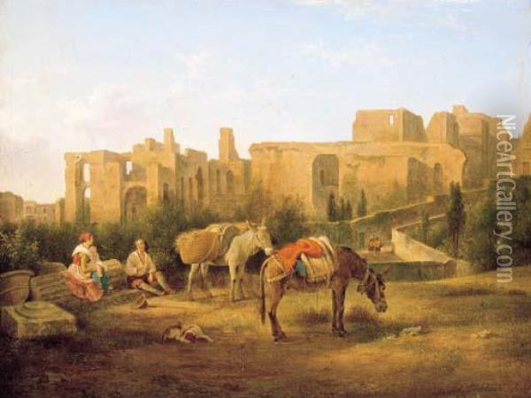 Figures Resting Before Ruins Oil Painting - Lievine Teerlink
