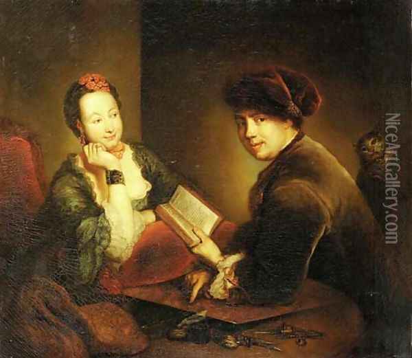 Portrait of a lady and a gentleman seated at a table in an interior Oil Painting - Antoine Pesne