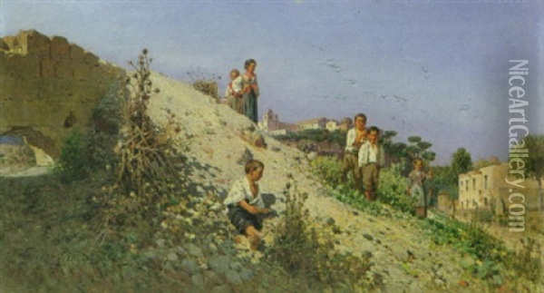 Neapolitanische Landschaft Mit Spielenden Kindern Am Hang Oil Painting - Giuseppe Laezza